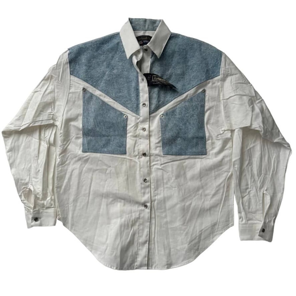 Panhandle Slim White Western Button-Down Shirt with Blue Yoke & Pockets